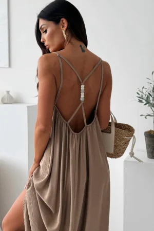 Pearl back maxi obleka iz viskoze bež