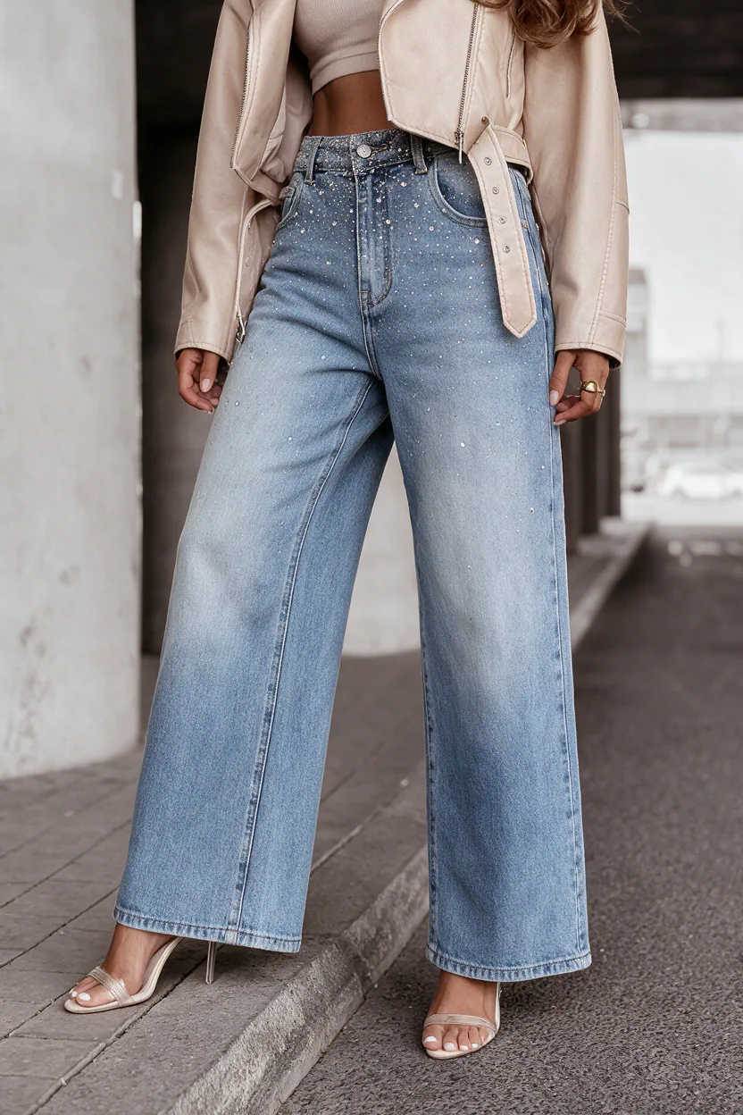 Aven wide leg jeans nadrág strasszkövekkel